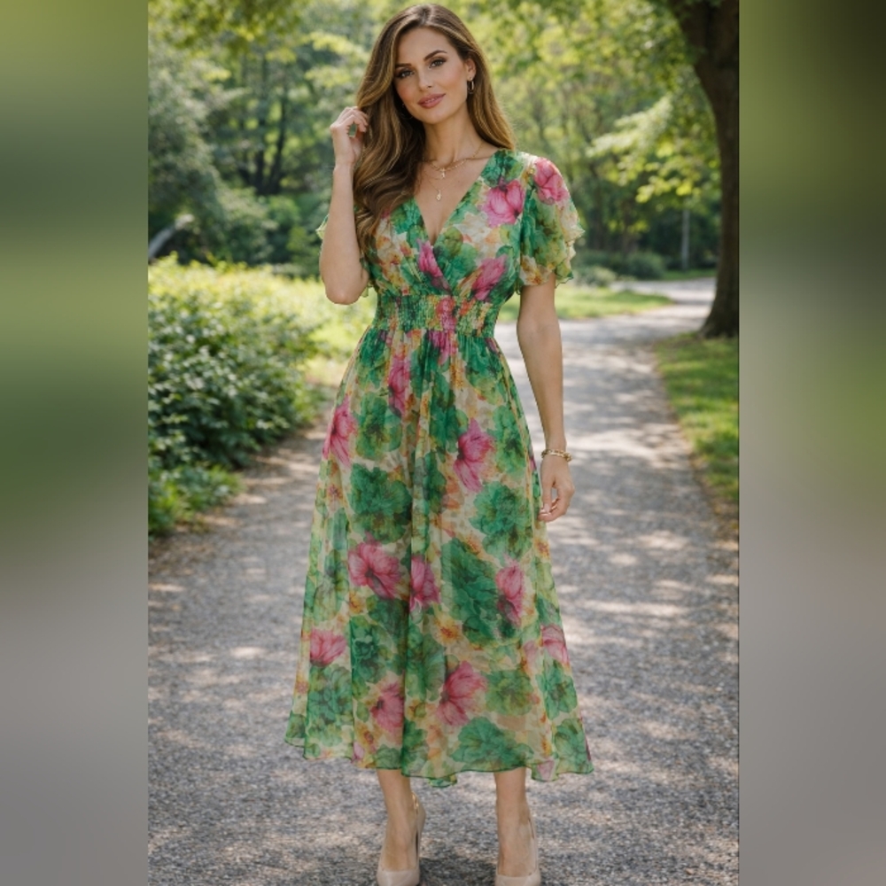 NWT.Le Ragazze Multi Color Silk Mide Dress.Pit To Pit 21"